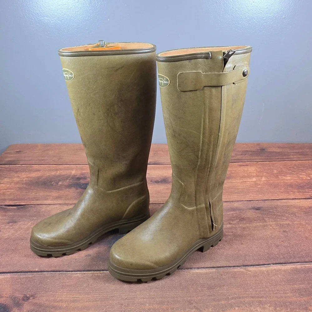 Le Chameau Chasseur Boots Mens 9 Olive Good Leather Lined Zip Rain Bag